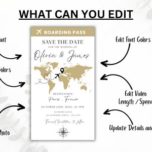 May include: A printable save the date card with a gold world map and airplane graphic. The text reads "Boarding Pass, Save the Date for the Wedding of Olivia & James, Destination: Paris, France, October 12th, 20XX, at 3PM, Anywhere Hotel, 123 Anywhere Street, Any City, Formal Invitation to follow".