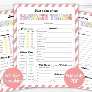 Favorite Things List Survey Questionnaire, Get to Know You Form, Coworker Questions Team Building Survey Teacher Appreciation Ideas Editable
