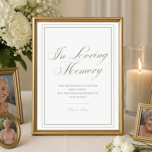 May include: A gold-toned rectangular frame containing a white sign with the text In Loving Memory, For those who cannot be here today, but are forever present in our hearts, and Today & Always, displayed with several smaller photo frames.
