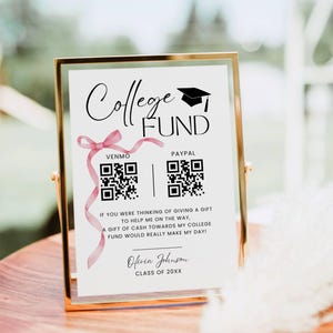College Fund QR-codebordsjabloon, modern roze strikbord afstuderen, aangepast tafelbord middelbare school, Venmo QR-codebord bewerkbaar