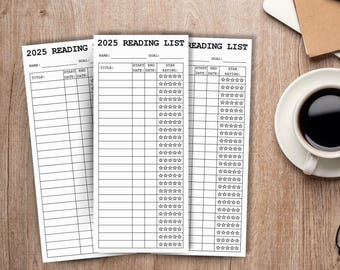 May include: A white paper reading list tracker with black text and lines. The header reads 2025 READING LIST, with fields for name and goal. The table includes columns for title, start date, end date, and a star rating section with five stars.