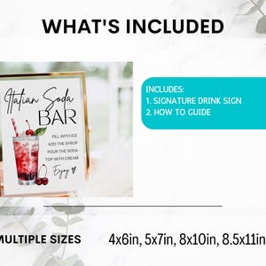 Op de afbeelding: Een printbaar bord voor een "Hatian Soda Bar" met een aquarel-illustratie van een glas soda met kersen en een takje groen. Het bord bevat instructies voor het maken van de drank: "Vul met ijs, voeg de siroop toe, giet de soda, top met room, Geniet!" Het bord is verkrijgbaar in verschillende maten: 10x15 cm, 12x18 cm, 20x25 cm en 21x28 cm.