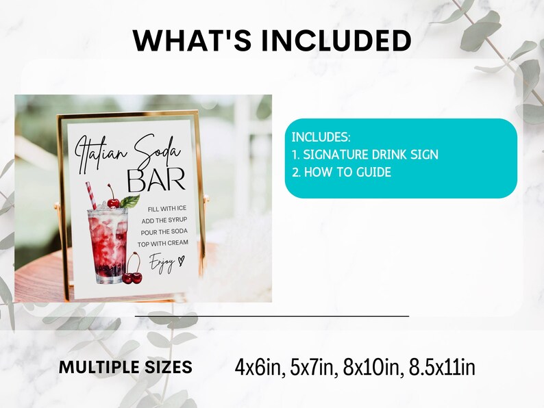 Op de afbeelding: Een printbaar bord voor een "Hatian Soda Bar" met een aquarel-illustratie van een glas soda met kersen en een takje groen. Het bord bevat instructies voor het maken van de drank: "Vul met ijs, voeg de siroop toe, giet de soda, top met room, Geniet!" Het bord is verkrijgbaar in verschillende maten: 10x15 cm, 12x18 cm, 20x25 cm en 21x28 cm.