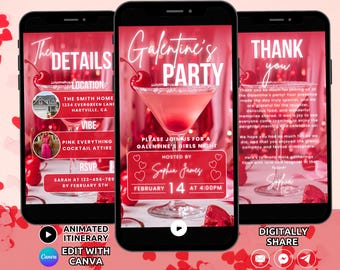 Digital Galentine's Party Invitation Template, Valentines Party Invite Girls Night Cocktail party Cherry Pink Galentines Drinks Invite Phone