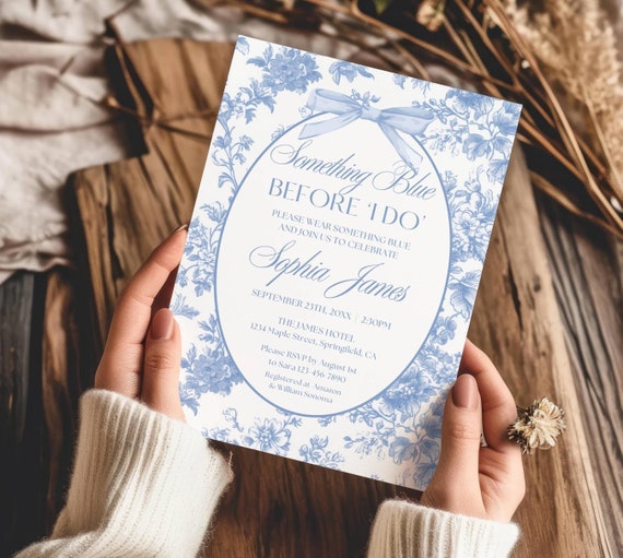French Toile Bridal Shower Invitation Template, Something Blue Before I Do Shower Invite, Vintage Floral Bridal Brunch Invite Editable