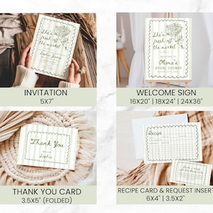 May include: A collection of stationery items with a striped design and scalloped edges. Includes a 5x7 inch invitation, a welcome sign in three sizes, a thank you card, and a recipe card with a request insert. The text reads "She's fresh off the market."