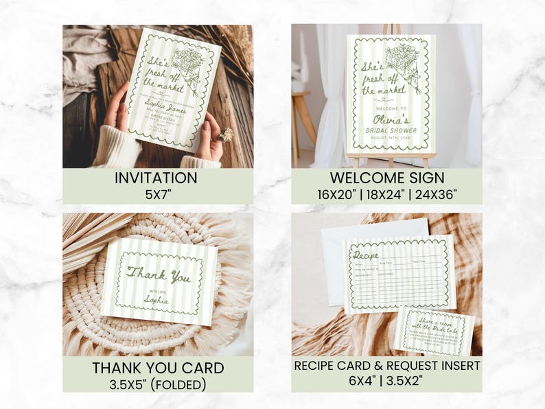 May include: A collection of stationery items with a striped design and scalloped edges. Includes a 5x7 inch invitation, a welcome sign in three sizes, a thank you card, and a recipe card with a request insert. The text reads "She's fresh off the market."