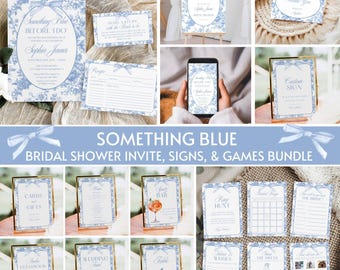 May include: A bridal shower stationery bundle featuring a blue and white floral pattern with ribbon accents. The set includes invitations, recipe cards, signage, and game cards with text such as Something Blue, Cards and Gifts, and Bridal Bingo.
