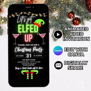 Digital Let&#39;s get Elfed Up Christmas Party Invitation Template, Animated Friendsmas Cocktail party Invite, Fun Xmas Drinks Invite Phone