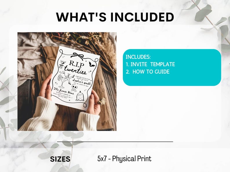 May include: A black and white invitation with the text "R.I.P. twenties" and a ghost illustration. The invitation includes an invite template and a how-to guide. The size is 5x7 inches.