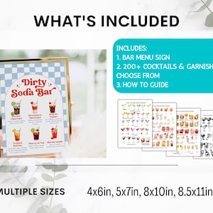 May include: A framed "Dirty Soda Bar" sign with a blue and white checkered background, showcasing various cocktail illustrations. The image includes a list of included items: a bar menu sign, 200+ cocktail and garnish options, and a how-to guide. Multiple sizes are available.