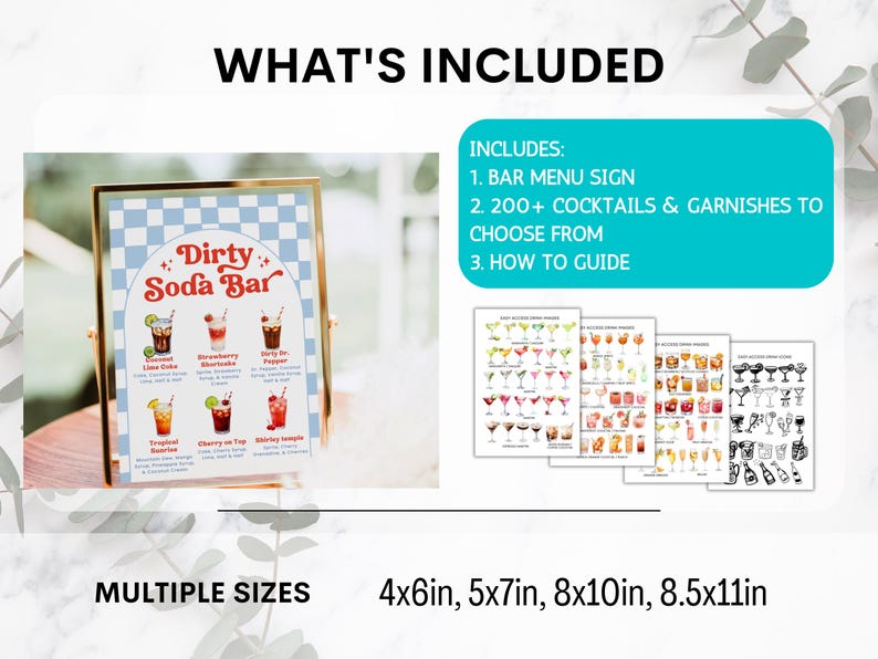 May include: A framed "Dirty Soda Bar" sign with a blue and white checkered background, showcasing various cocktail illustrations. The image includes a list of included items: a bar menu sign, 200+ cocktail and garnish options, and a how-to guide. Multiple sizes are available.