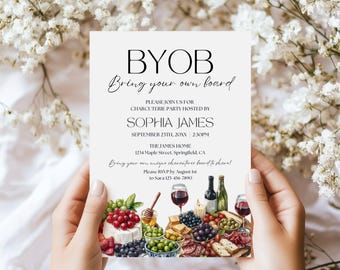 May include: A white invitation card featuring the text BYOB Bring your own board, Please join us for charcuterie party hosted by Sophia James, September 23th, 20XX, 2:30PM, The James Home, 1234 Maple Street, Springfield, CA, and RSVP details.