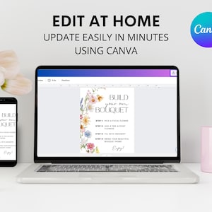 May include: A laptop and smartphone show a floral design with the text "Build Your Own Bouquet." The design includes instructions and is set against a white background. The Canva logo is visible.