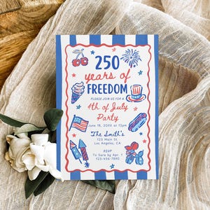 May include: A patriotic invitation with a blue and white striped border, featuring the text "250 years of Freedom" and illustrations of cherries, fireworks, ice cream, a hat, a hot dog, and an American flag. The invitation is for a 4th of July party.