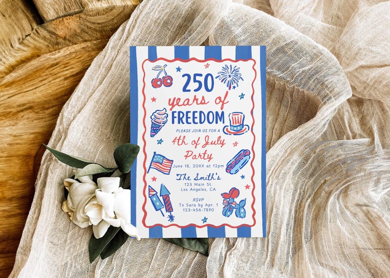 May include: A patriotic invitation with a blue and white striped border, featuring the text "250 years of Freedom" and illustrations of cherries, fireworks, ice cream, a hat, a hot dog, and an American flag. The invitation is for a 4th of July party.