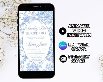 Digital Toile Braut Brunch-Einladungs-Vorlage, etwas Blaues, bevor ich dusche, laden Sie ein, animiertes Vintage Blumen-Brautparty-Einladungs-Telefon