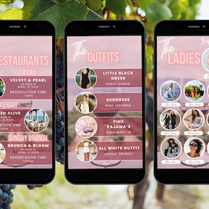 Pode incluir: Tr&ecirc;s telas de smartphone com fundos rosa e branco. A primeira tela lista restaurantes com hor&aacute;rios de reserva. A segunda tela lista roupas com descri&ccedil;&otilde;es. A terceira tela lista mulheres com nomes.