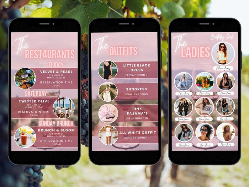 Pode incluir: Tr&ecirc;s telas de smartphone com fundos rosa e branco. A primeira tela lista restaurantes com hor&aacute;rios de reserva. A segunda tela lista roupas com descri&ccedil;&otilde;es. A terceira tela lista mulheres com nomes.