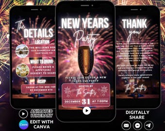 May include: Three smartphone screens display a New Year's Eve party invitation template with fireworks backgrounds. The designs feature champagne flutes, text details for location, RSVP, and a thank you message for guests.