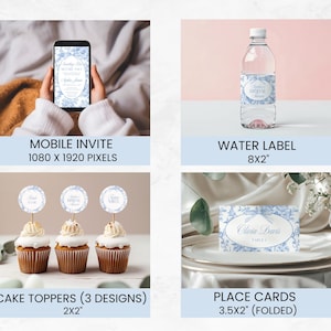 Op de afbeelding: Een set met printbare bruidsdouche-decoraties in een blauw-wit bloemenpatroon. De set bevat een mobiele uitnodiging, etiketten voor waterflessen, taarttoppers en plaatskaarten.