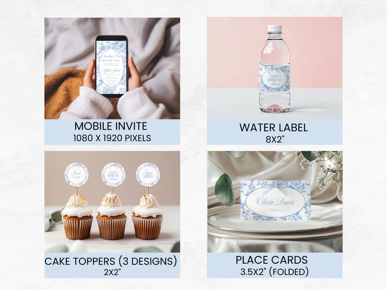 Op de afbeelding: Een set met printbare bruidsdouche-decoraties in een blauw-wit bloemenpatroon. De set bevat een mobiele uitnodiging, etiketten voor waterflessen, taarttoppers en plaatskaarten.