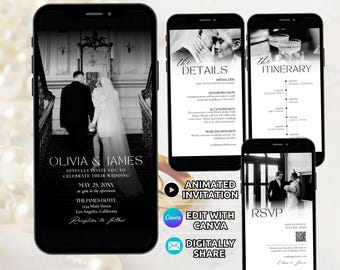 May include: Four smartphones display a black and white digital wedding invitation suite. Screens show text including Olivia & James, The Details, The Itinerary, and RSVP, alongside photos of a couple, event schedules, and a QR code.