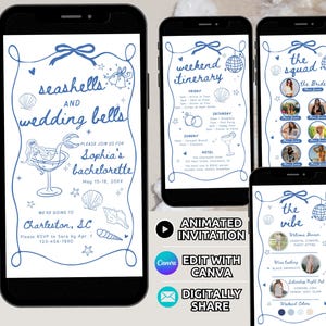 Coastal Bachelorette Party Invitation & Itinerary Digital Template Seashells and Wedding Bells Bach Weekend Invite Hand Drawn Girls Trip