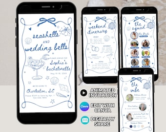 Coastal Bachelorette Party Invitation & Itinerary Digital Template Seashells and Wedding Bells Bach Weekend Invite Hand Drawn Girls Trip