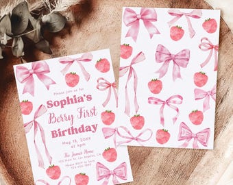 Beere ersten Geburtstag Einladungsvorlage, Erdbeere 1. Geburtstag einladen, Rosa Schleife 1. Geburtstag Abendessen Feier einladen Printable