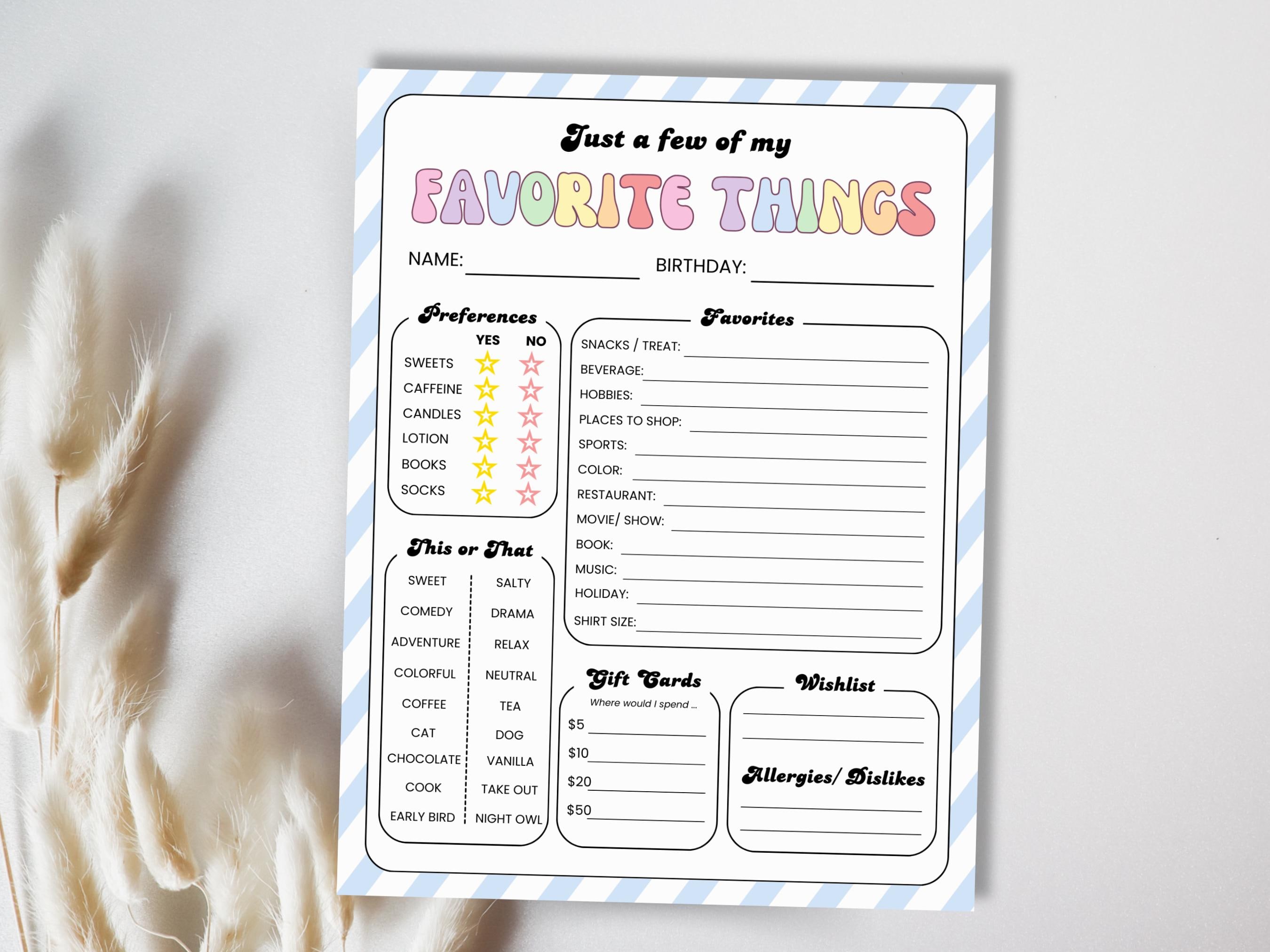 Favorite Things List Survey Questionnaire, Get to Know You Form Rainbow ...