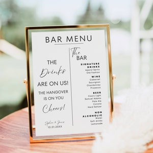 Die Getränke sind bei uns Hochzeit Bar Schild Vorlage, Open Bar Menü Vorlage, Signature Drink Cocktail Schild, moderne Hochzeit Baby Brautdusche