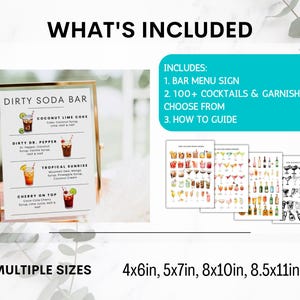May include: A gold-framed sign for a Dirty Soda Bar, featuring cocktail illustrations and recipes. Includes a bar menu sign, cocktail and garnish options, and a how-to guide. Available in multiple sizes: 4x6in, 5x7in, 8x10in, and 8.5x11in.