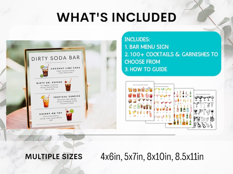 May include: A gold-framed sign for a Dirty Soda Bar, featuring cocktail illustrations and recipes. Includes a bar menu sign, cocktail and garnish options, and a how-to guide. Available in multiple sizes: 4x6in, 5x7in, 8x10in, and 8.5x11in.