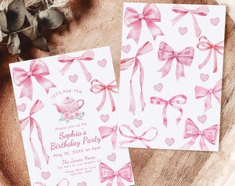Rosa Schleife Tee-Geburtstags-Party Einladung Vorlage, Kokette Tee-Party-Geburtstag einladen, Tee für 2 Geburtstag Abendessen Feier einladen Printable