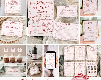 That's Amore Bridal Shower Bundle, Italian Bridal Shower Dinner Invite Signs & Games Bundle, Wavy Whimsical Hand Drawn Editable Template