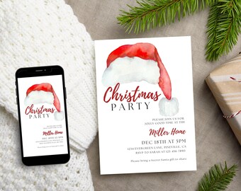May include: A white Christmas party invitation card and a smartphone displaying the same design. Both feature a watercolor Santa hat, the text Christmas PARTY, and event details including Miller Home, Dec 18th at 5pm, and 1234 Evergreen Lane.