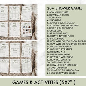 May include: A set of printable bridal shower games with a green and white colour scheme. The games include "Ring Hunt", "Bridal Bingo", "Guess Who", "How Well Do You Know The Bride", "How Well Do You Know The Groom", "Would She Rather", "Would They Rather", "Wedding A-Z", "Where Were They", "How Old Were They", "How Old Was She", "Guess The Dress", "Blow Up Her Phone Sign", "Over Or Under", "What Did The Groom Say", and "Wedding Word Search".