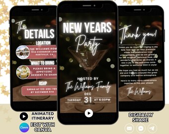 May include: Three smartphones display a digital New Year's party invitation template. The screens feature white text on a dark background with a martini glass graphic, including sections for The Details, location, RSVP, and a Thank You message.