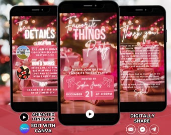 Puede incluir: Tres pantallas de smartphone que muestran una plantilla de invitación digital para una fiesta de Favorite Things. Los diseños presentan cajas de regalo rosas, texto blanco y luces festivas. El texto incluye detalles como ubicación, funcionamiento, RSVP, fecha, hora y un mensaje de agradecimiento.