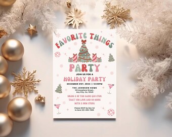 Favorite Things Holiday Party Invitation Template, Christmas Gift Exchange Invite, Pink Retro Girls Night Christmas Party Invite Printable