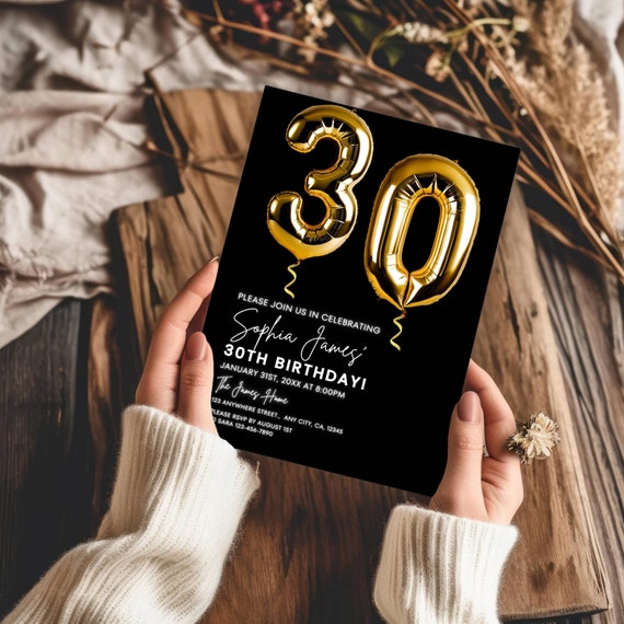 30th Birthday Party Invitation Template, Thirty Birthday Dinner Invite, Gold Balloon 30 Birthday Invite Editable Black Tie Glam Party Invite