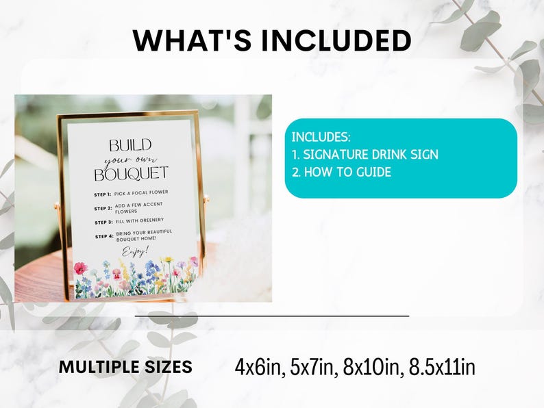 Flower Bar Sign, Build your own Bouquet Print Template, Floral Bridal Shower Sign, Flower Bar Cart Poster Wildflower Baby Shower Printable image 8