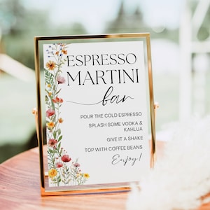 Znak Espresso Martini Bar, nadruk Espresso Martini Cocktail, kwiatowy podpis Drink Bar Menu Szablon Plakatu, Wildflower Baby Bridal Shower
