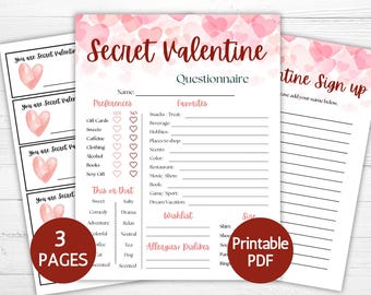 Pode incluir: Um conjunto de três páginas imprimíveis de questionário e folha de inscrição Secret Valentine. Cada página apresenta um fundo branco com corações em aquarela rosa no topo e texto preto, incluindo seções para preferências, favoritos e uma lista de desejos.