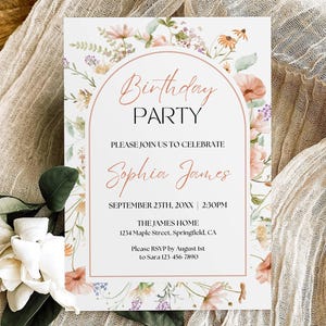 Wildflower Birthday Party Invitation Template, Pink Floral Birthday Invite, Boho Arch Flower Birthday Dinner Celebration Invite Printable