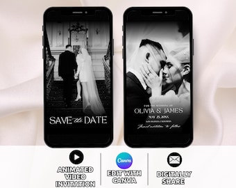 Save the Date Digital Video Template, Animated Modern Minimalist Wedding Save the Date Invitation, Photo Save the Date Phone Invite Editable