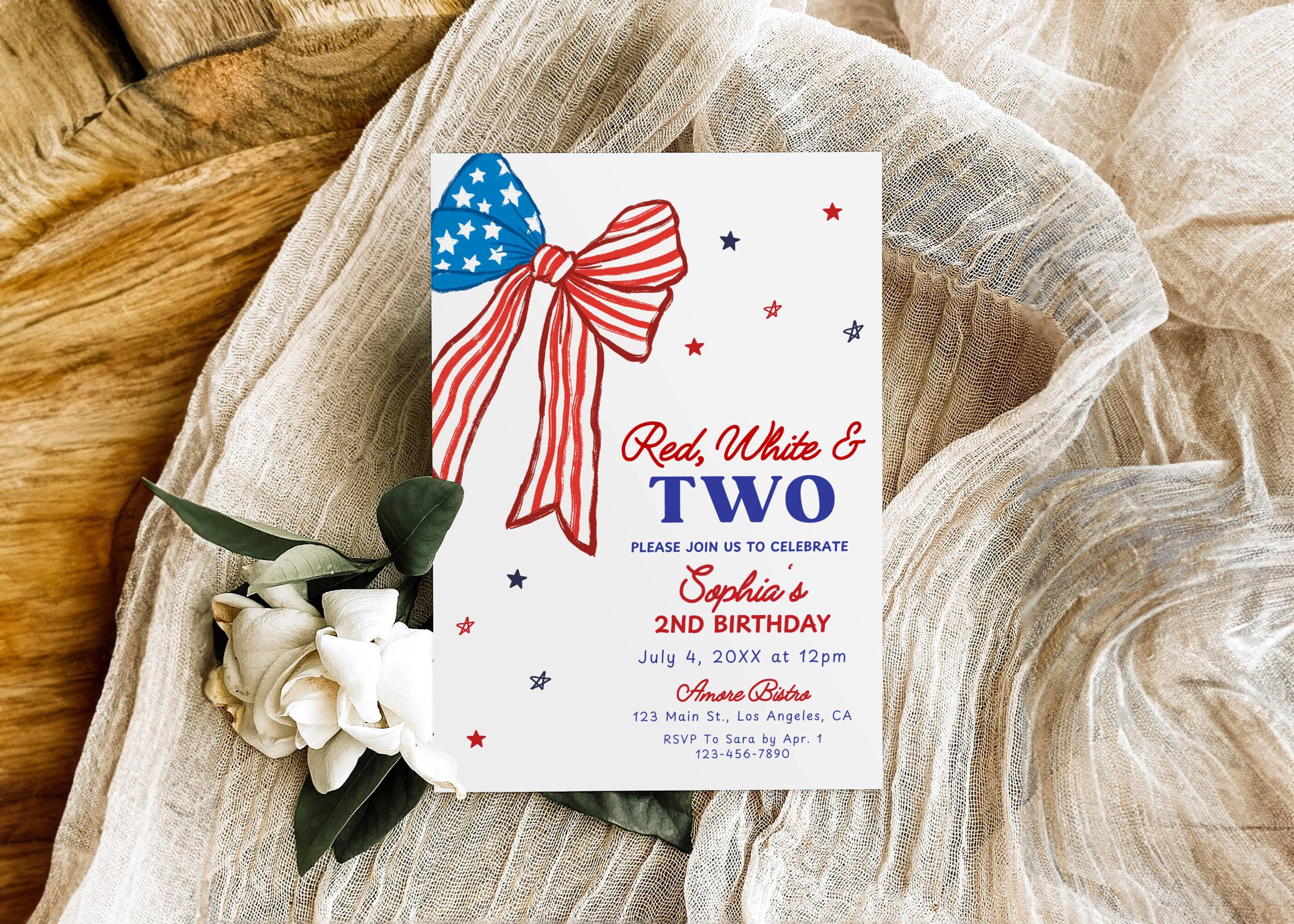 Red White and Two 2nd Birthday Invitation Template, Editable Canva ...