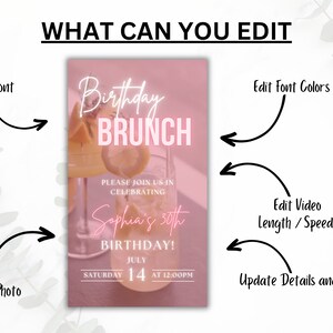 K&ouml;nnte beinhalten: Eine digitale Einladung in Rosa und Wei&szlig; f&uuml;r einen Geburtstagsbrunch. Die Einladung zeigt ein Foto eines Mimosa auf rosa Hintergrund. Der Text lautet "Birthday Brunch" und "Please join us in celebrating Sophia's 30th Birthday!" mit Datum und Uhrzeit der Veranstaltung.