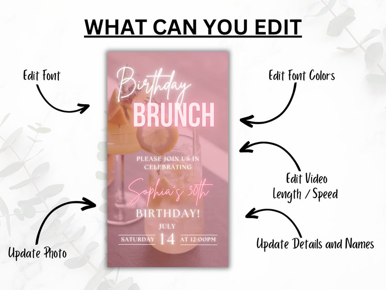 K&ouml;nnte beinhalten: Eine digitale Einladung in Rosa und Wei&szlig; f&uuml;r einen Geburtstagsbrunch. Die Einladung zeigt ein Foto eines Mimosa auf rosa Hintergrund. Der Text lautet "Birthday Brunch" und "Please join us in celebrating Sophia's 30th Birthday!" mit Datum und Uhrzeit der Veranstaltung.